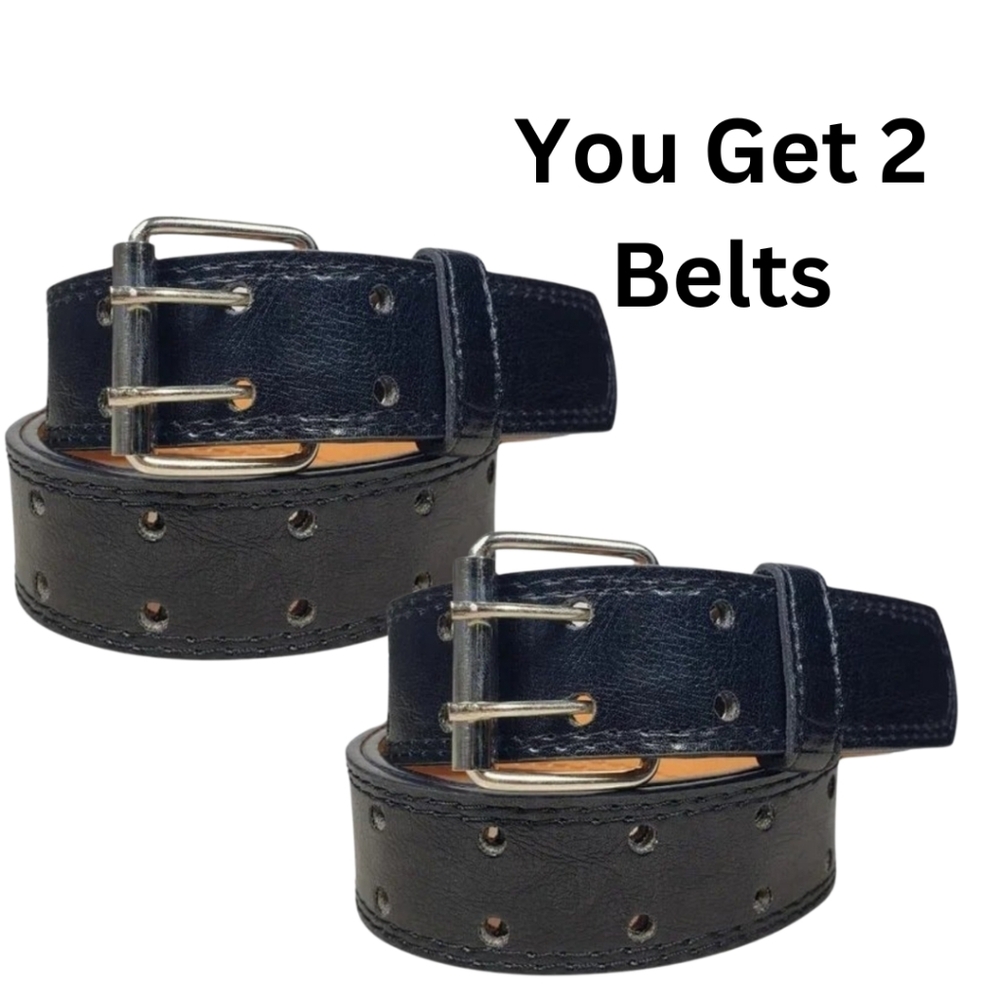 Men's Unisex Black Genuine Leather Two Prong Row Belt 2 Pieces / 2 Belts